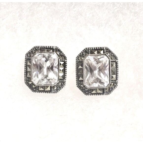 JUDITH JACK Sterling Silver Marcasite Faceted CZ Vintage Earrings - Picture 15 of 16
